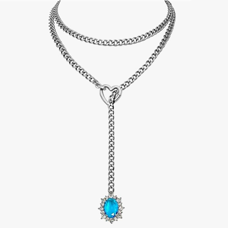 Golden Silence | Layered Titanium Steel Y-Necklace | Red Crystal Heart Pendant