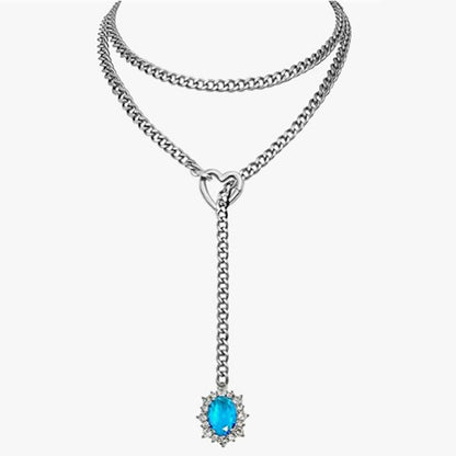 Golden Silence | Layered Titanium Steel Y-Necklace | Red Crystal Heart Pendant