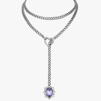 Golden Silence | Layered Titanium Steel Y-Necklace | Red Crystal Heart Pendant