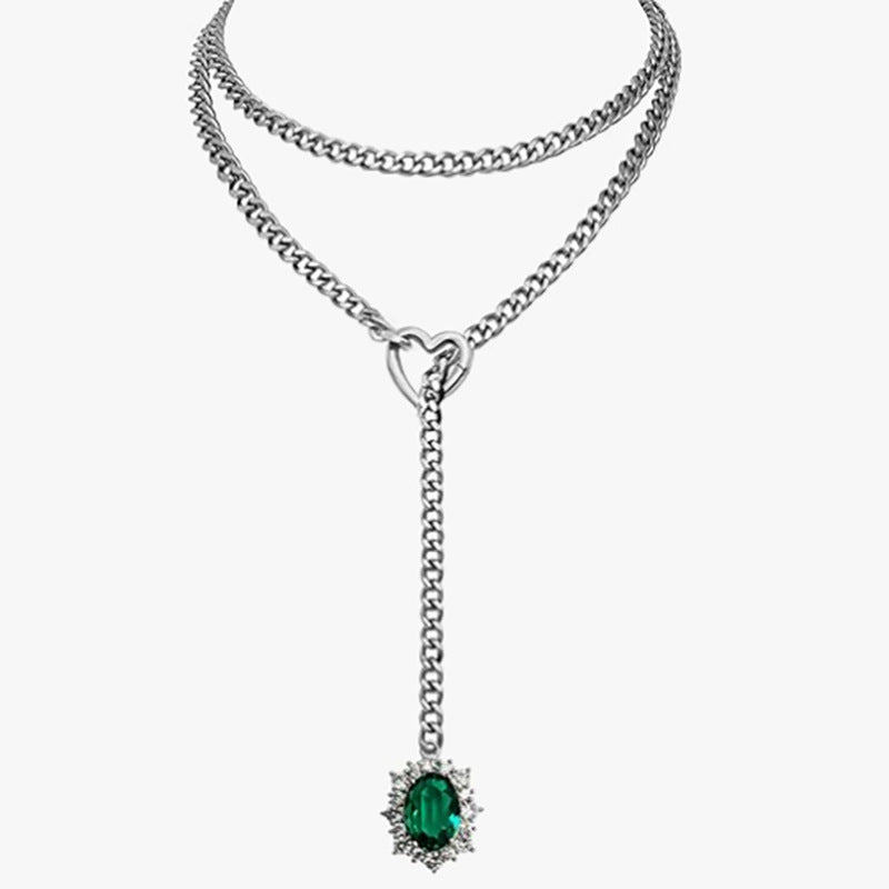Golden Silence | Layered Titanium Steel Y-Necklace | Red Crystal Heart Pendant