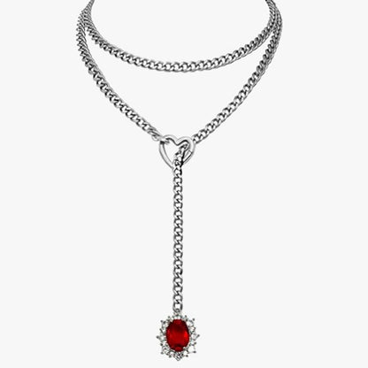 Golden Silence | Layered Titanium Steel Y-Necklace | Red Crystal Heart Pendant