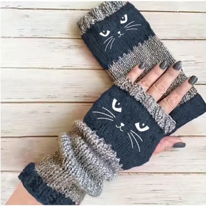 🐱 Cute knitted gloves for women with cat motif – for warm hands and free fingers