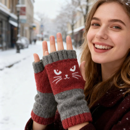 🐱 Cute knitted gloves for women with cat motif – for warm hands and free fingers