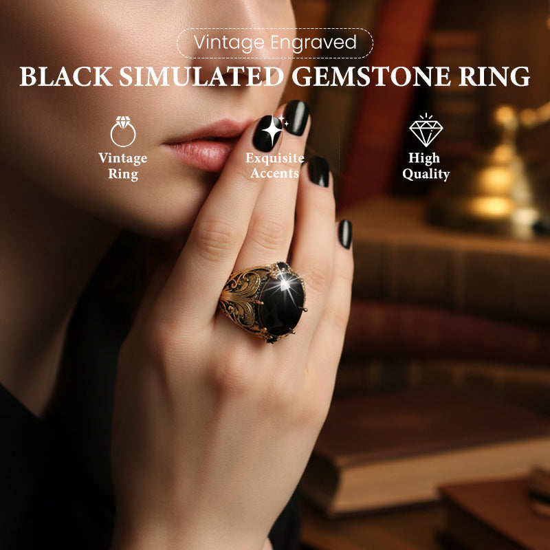 Vintage Engraved Black Gemstone Ring