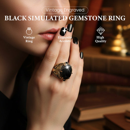 Vintage Engraved Black Gemstone Ring