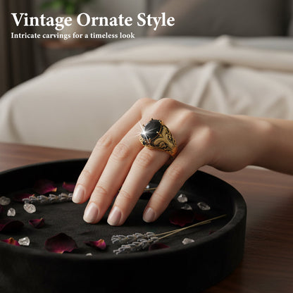 Vintage Engraved Black Gemstone Ring