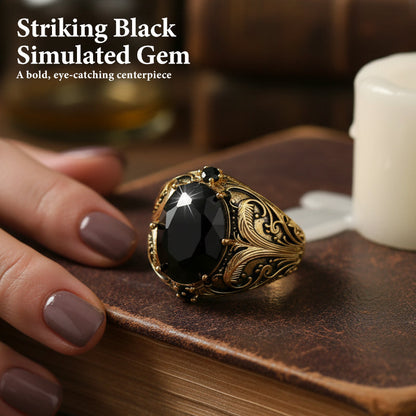 Vintage Engraved Black Gemstone Ring